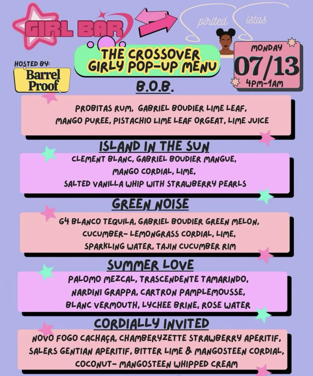 Girl Bar and Spirited Sistas crossover pop-up menu hosted by Barrel Proof