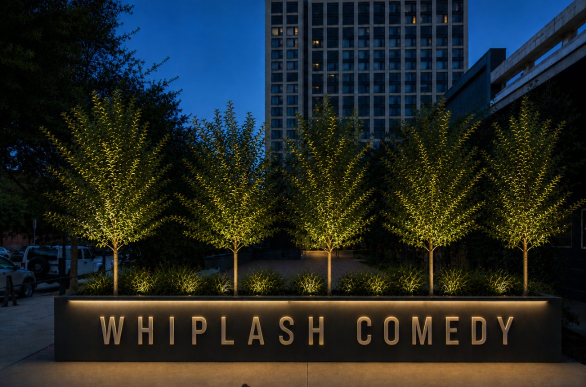Rendering of the Whiplash Comedy signage outside at dusk, lit beneath the trees.