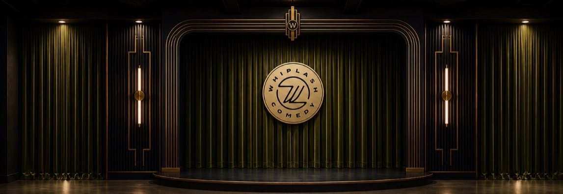 Rendering of the Main Squeeze showroom: a stage framed by green velvet curtains and a gold art-deco surround, with the Whiplash medallion centered.