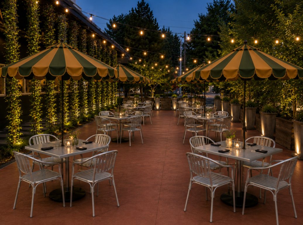 Rendering of the patio: café tables under striped umbrellas, strung lights and greenery along a brick walkway.