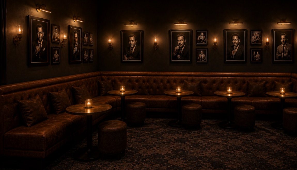 Rendering of the Side Piece room: banquette seating under framed portraits with low warm lighting.